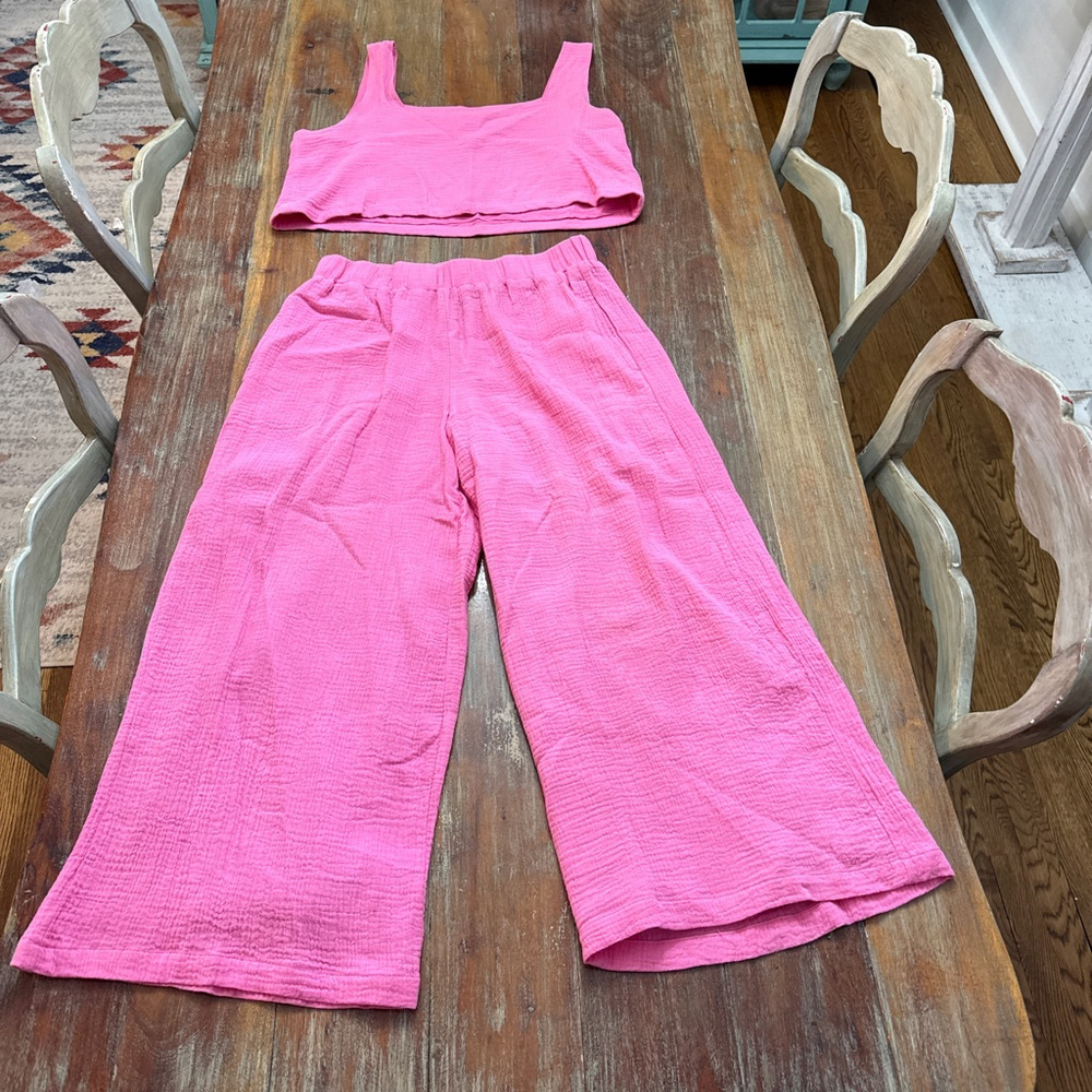 Buddy Love Pink Gauzy Crop Top Wide Leg Pants Set Large